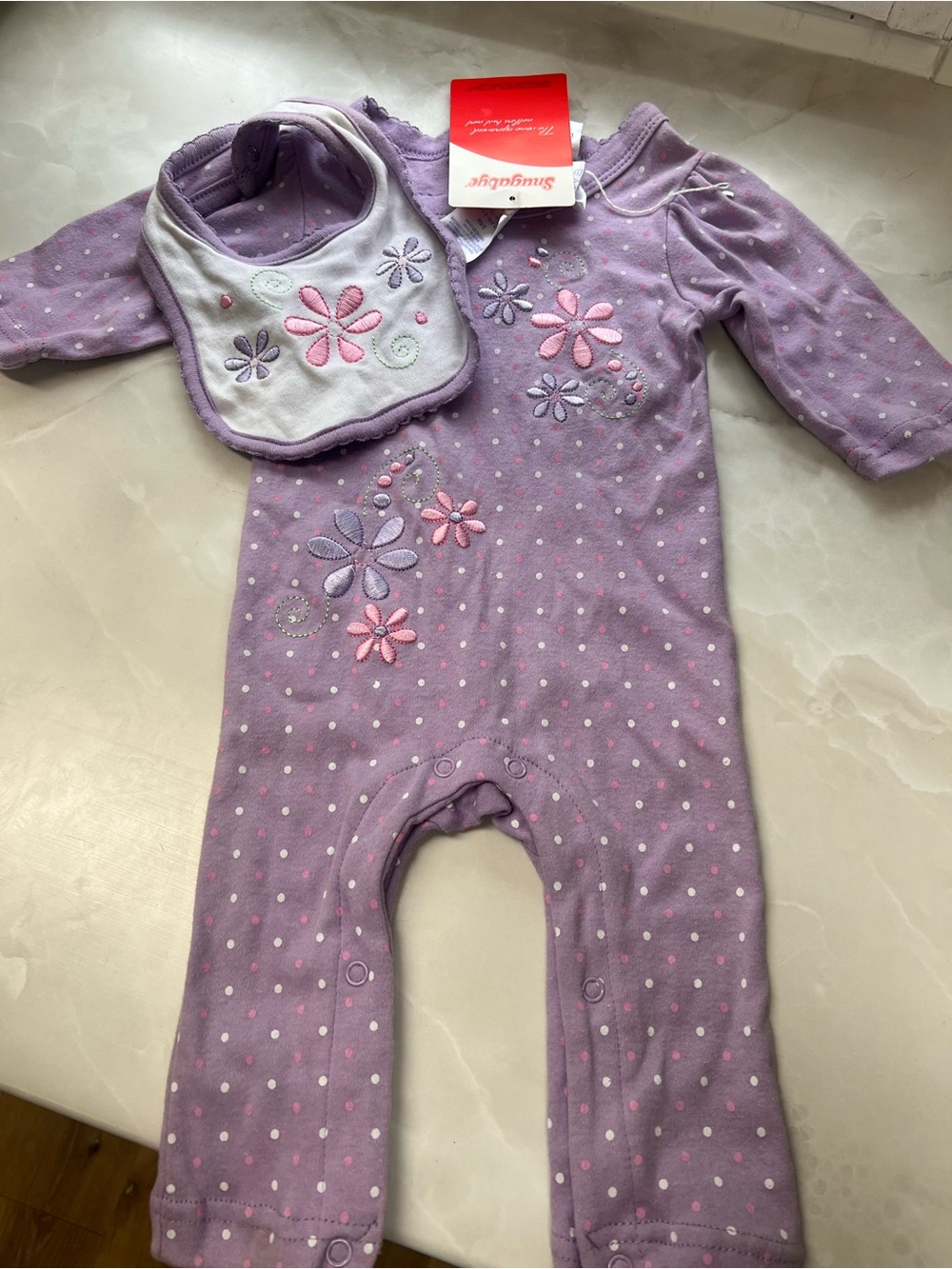 Girls Lavender Floral Footie One-Piece with Matching Bib